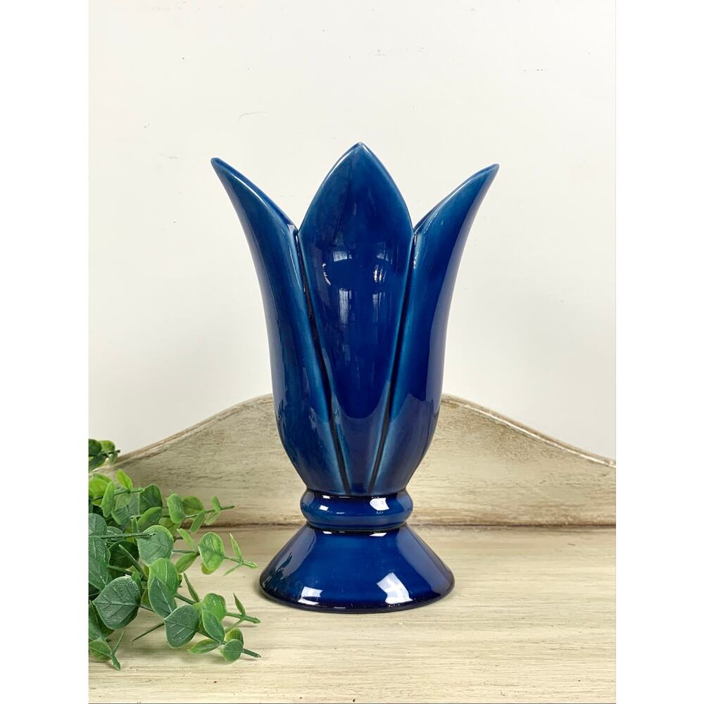 Vintage Blue Glaze Tulip Vase Art Pottery Moody Mid Century Cottagecore Decor